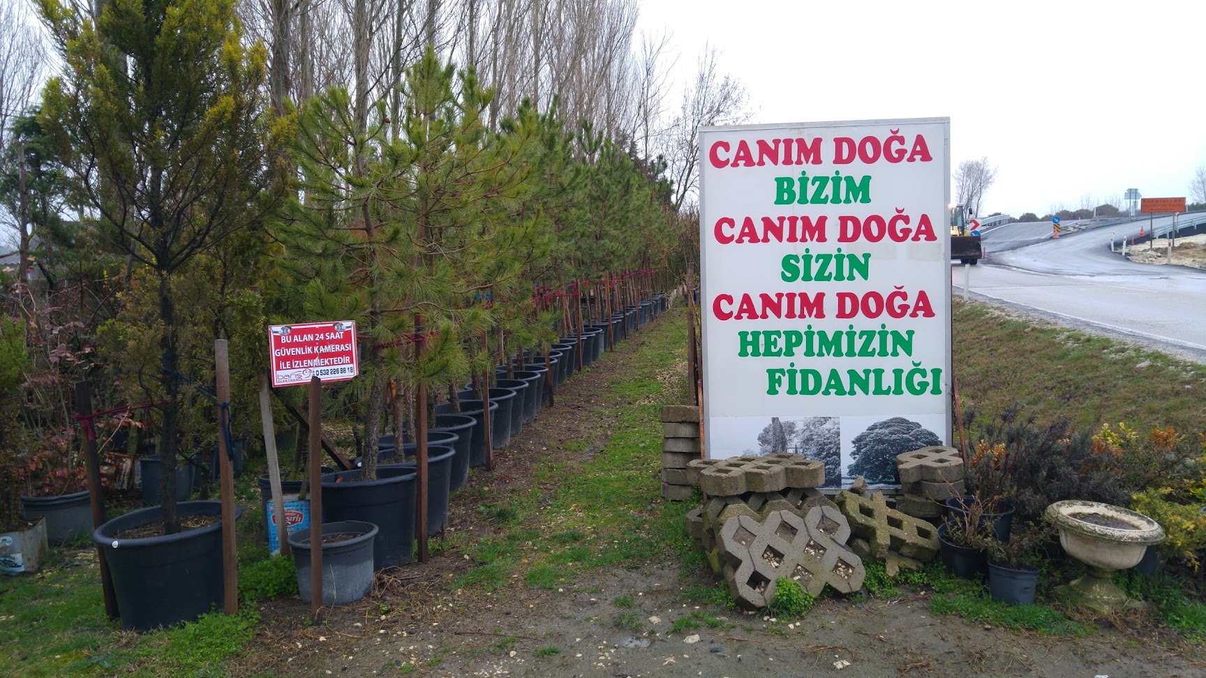 Canım Doğa Fidanlığı giriş tabelası ve sıralanmış saksılı fidanlar